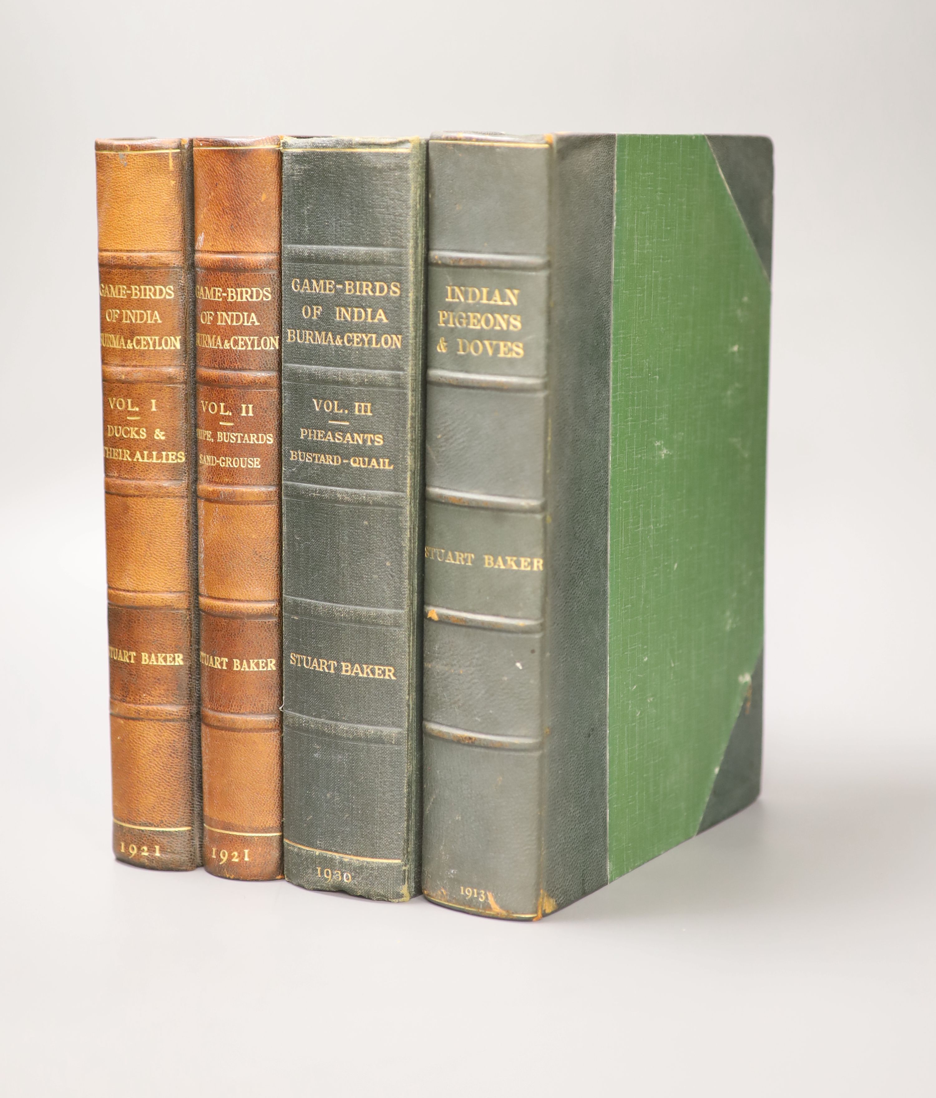 Baker, Edward, Charles, Stuart - The game-birds of India, Burma and Ceylon, 3 vols. qto, (vols, 1 & 2 half calf, vol. 3 half cloth), John Bale, Sons and Danielsson, London, 1921-30; and Indian Pigeons and Doves, qto, hal